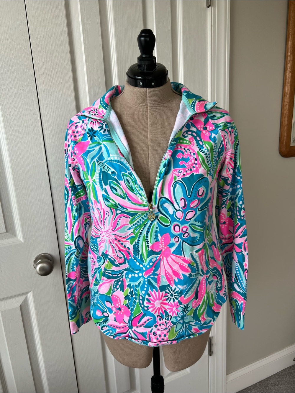 Lilly Pulitzer Pink Teal Floral Half-Zip Sweatshirt